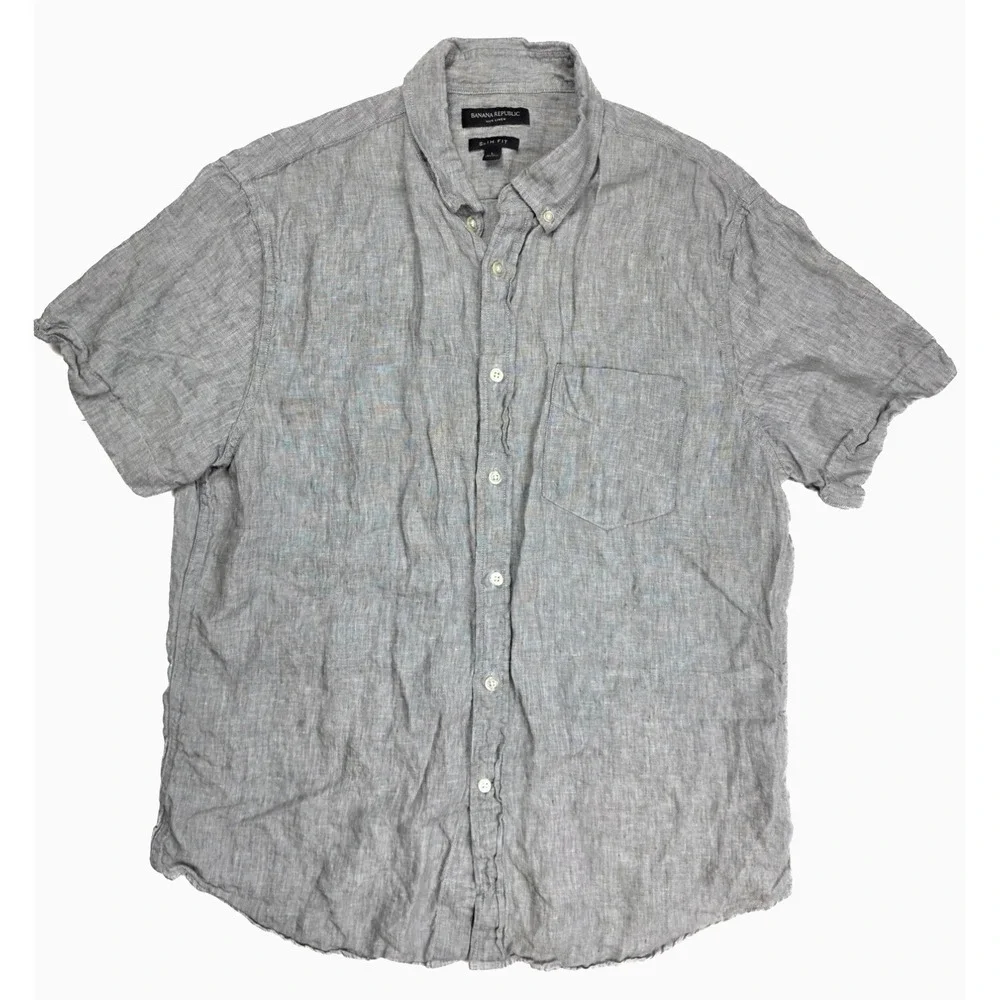 Banana Republic Slim Fit Grey Linen Button Down S/ Sleeve Shirt Men's Size Large